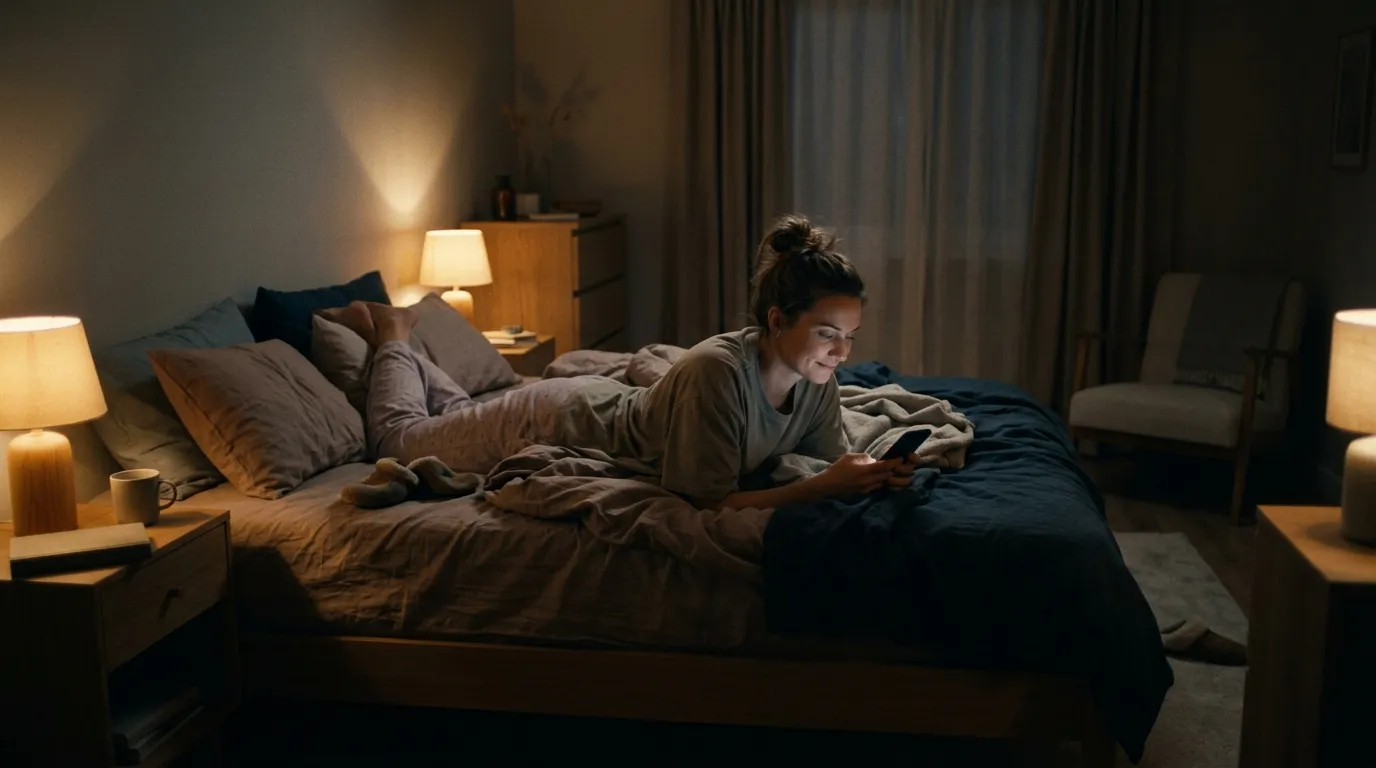 Illustration of a woman lying on her stomach on a bed, face illuminated by a phone screen