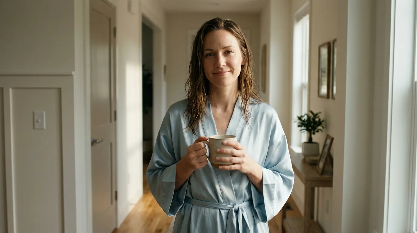 A woman standing in a brightly lit hallway wearing a pale-blue silk robe and holding a coffee mug.