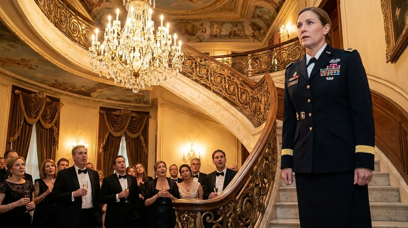 Woman in decorated military uniform standing at the top of a grand staircase