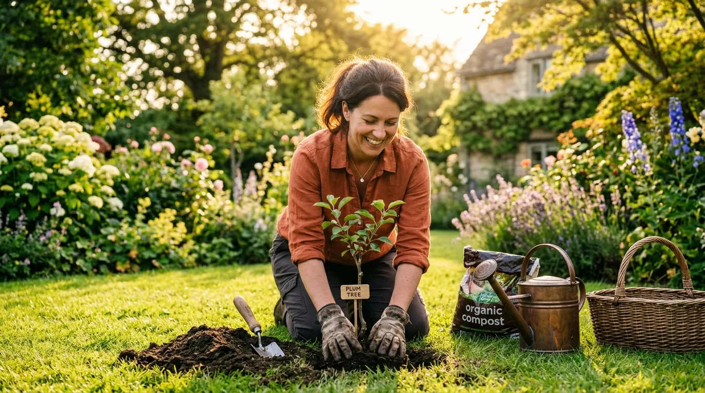 A smiling woman planting a small plum tree in a sunny garden