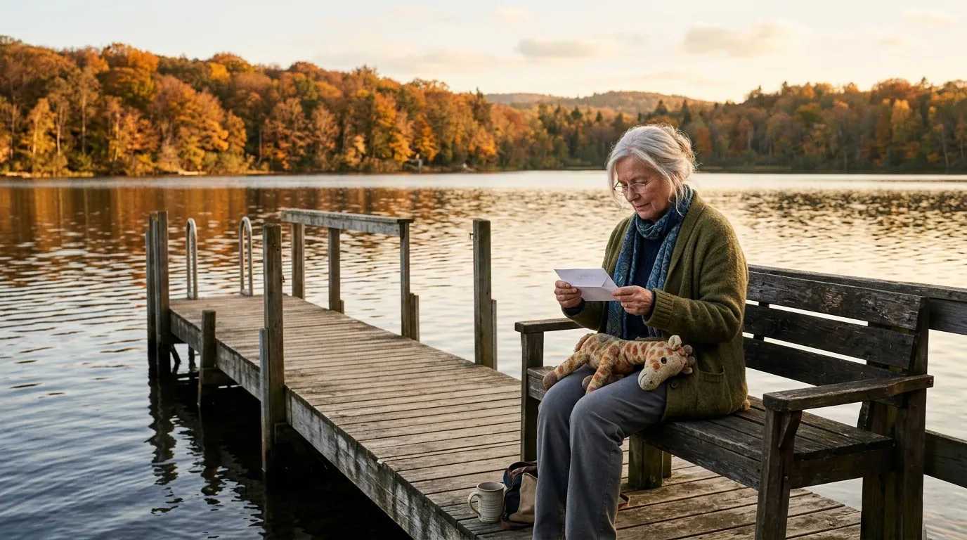 An older woman with silver hair sitting alone on a wooden dock reading a white letter