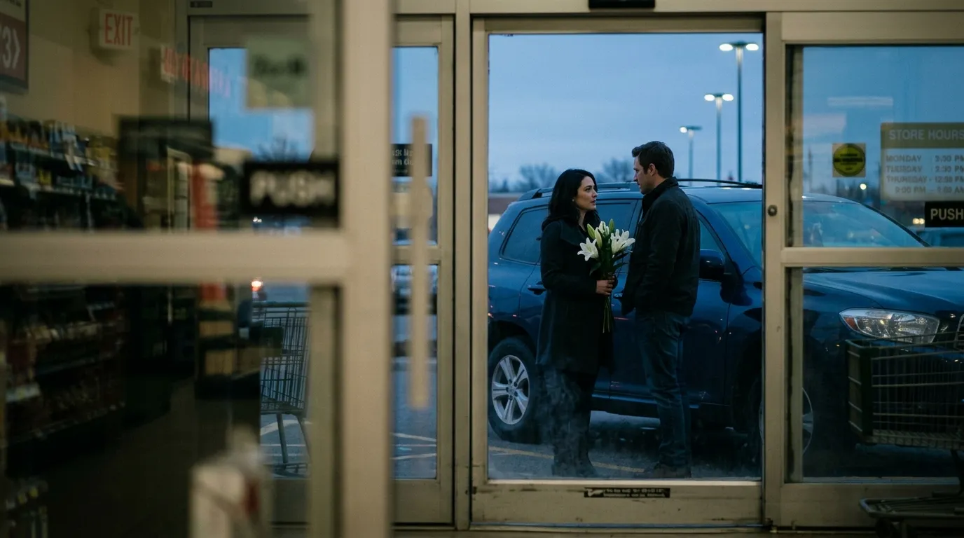 Eric and the mystery woman standing by a dark blue SUV holding white lilies