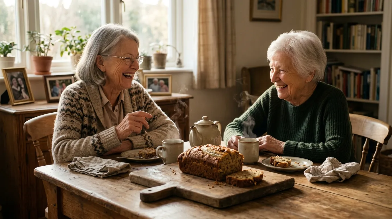 Two elderly women laughing together over tea and banana bread