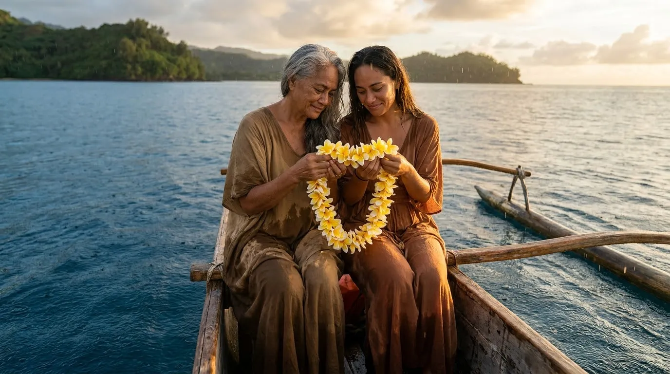 Two women in a wooden outrigger canoe under gentle warm rain holding a flower lei