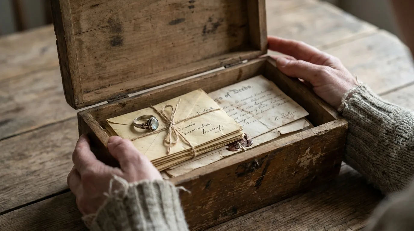 A younger woman handing over a wooden box filled with documents and a ring