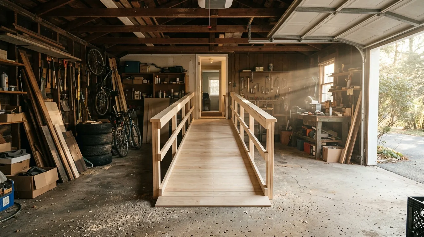 A freshly built wooden wheelchair ramp inside an open garage