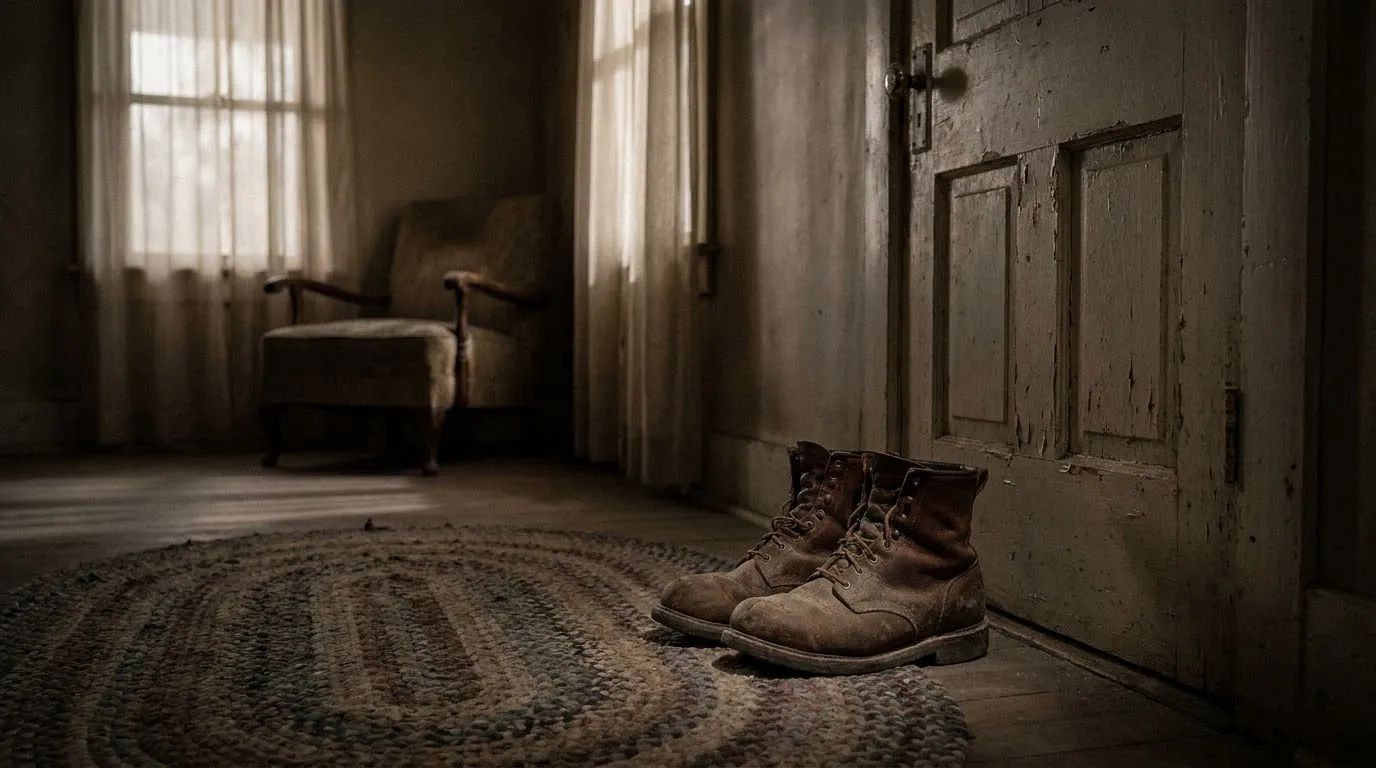 Worn leather work boots sitting on a rug by the front door