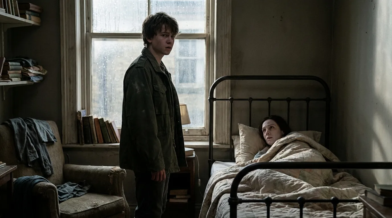 A worried teenage boy standing in a dim apartment looking at his sick mother resting in bed