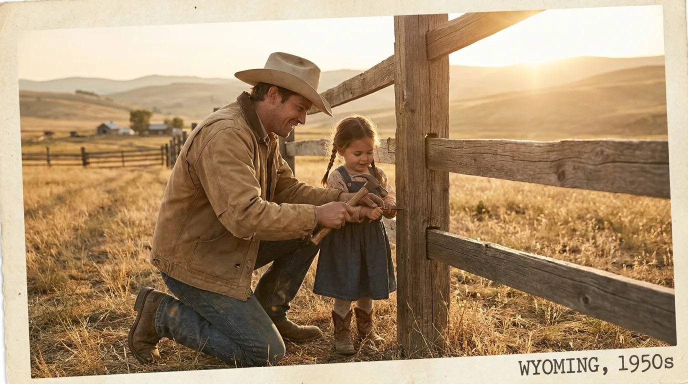 Rancher teaching young granddaughter how to fix a fence in Wyoming