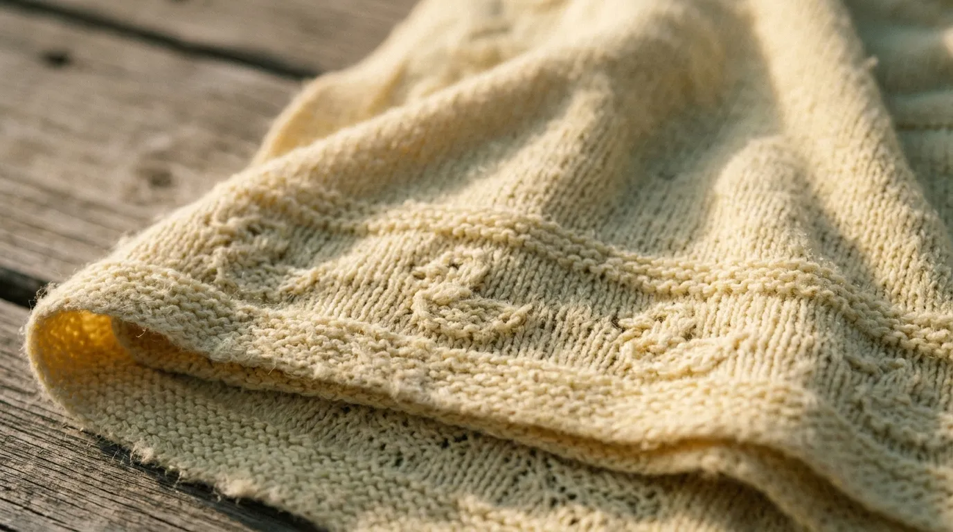 A vintage yellow knitted baby blanket with a border pattern of small ducks