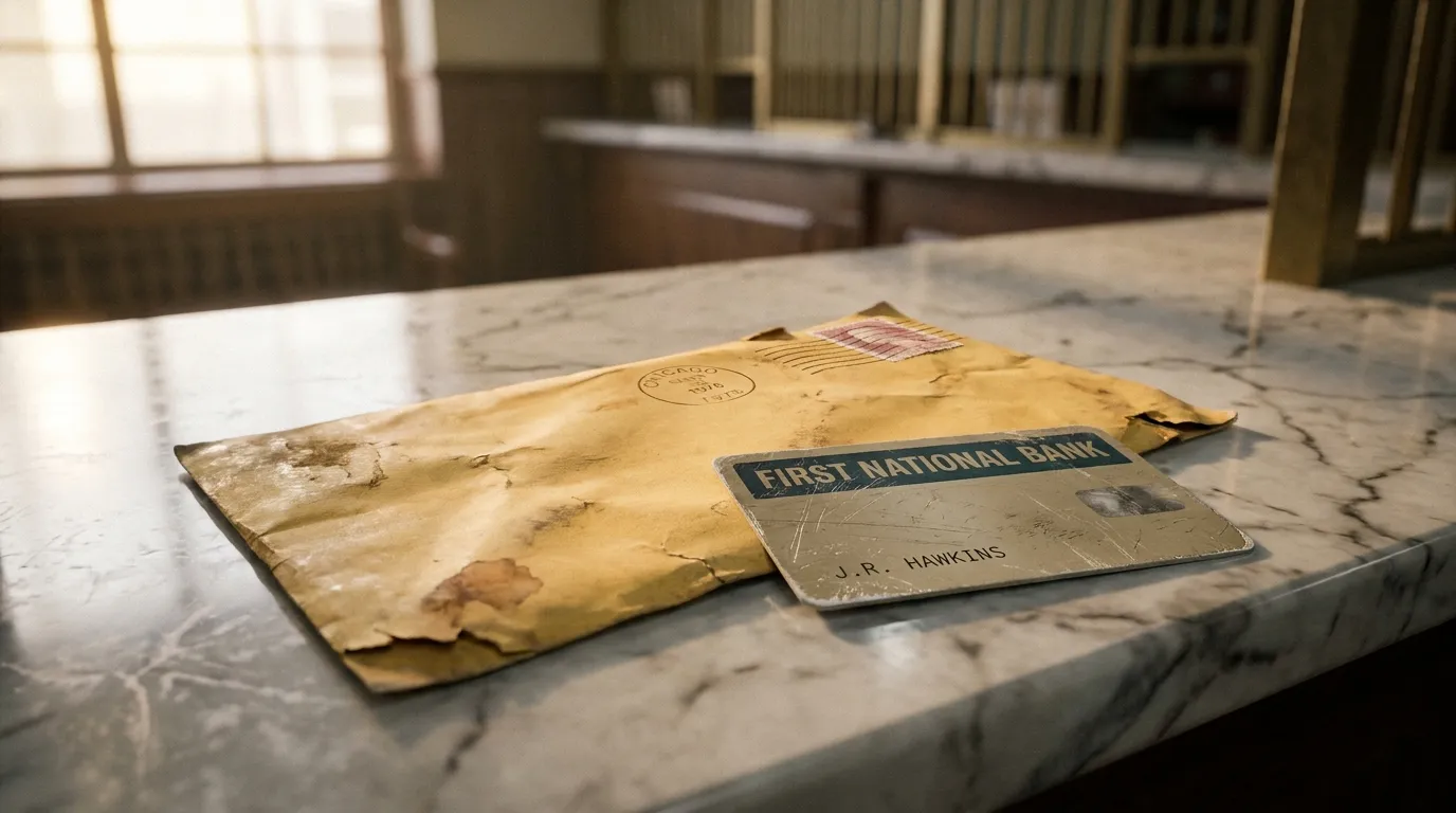 A worn yellow envelope and an old bank card on a marble bank counter
