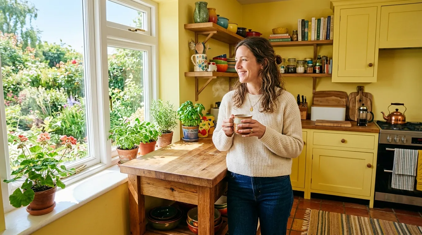 A bright, sunlit kitchen newly painted in cheerful yellow.