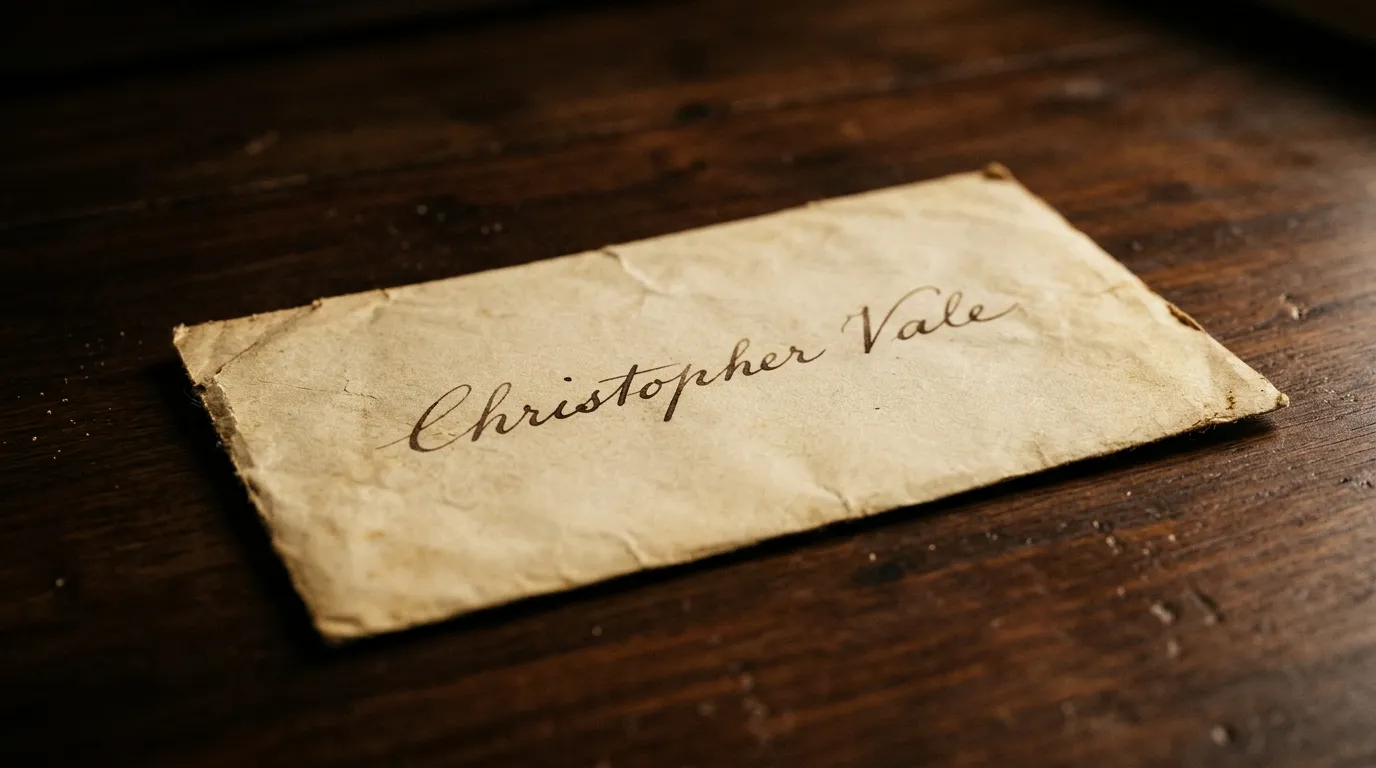 Old yellowed envelope with cursive writing resting on a dark wood desk