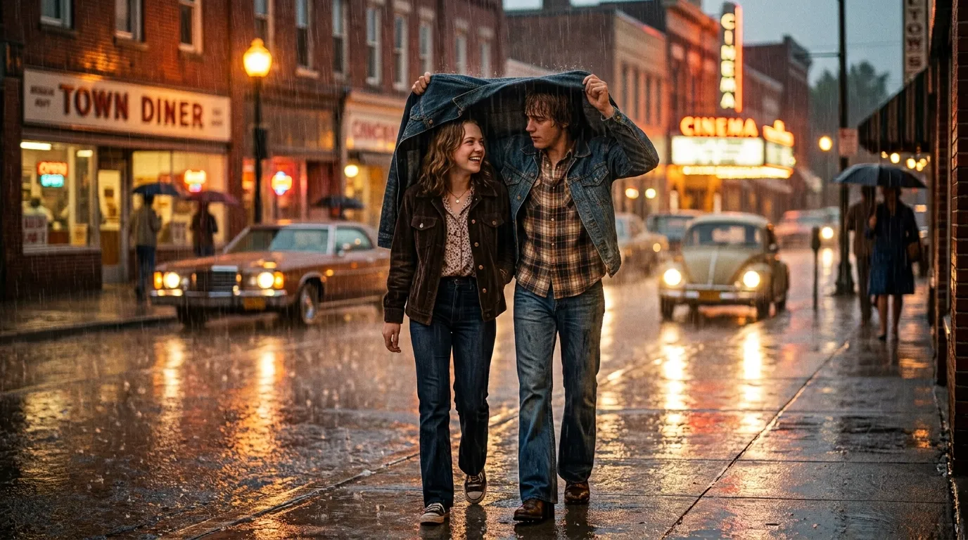 Vintage 1970s young high school couple walking in the rain