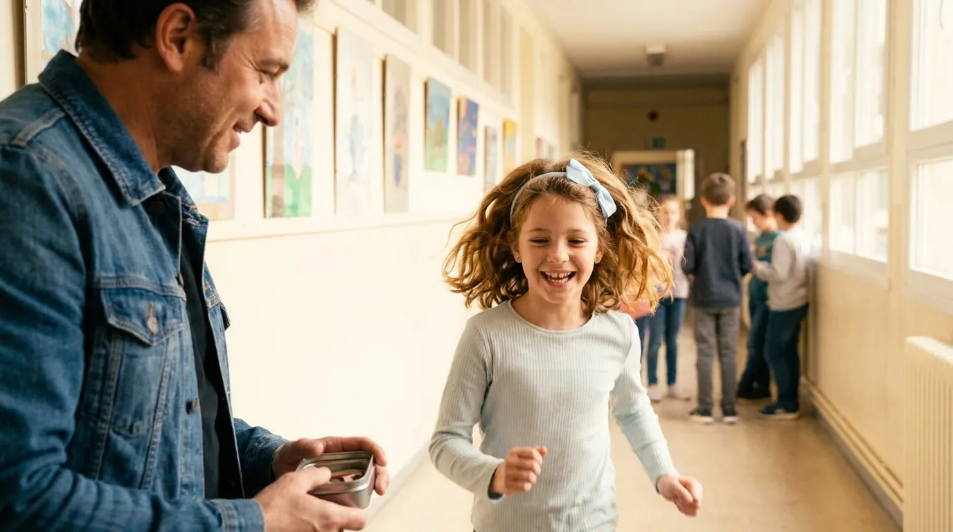 Young girl with fresh shoulder-length bob running joyfully down a school hallway without hindrance