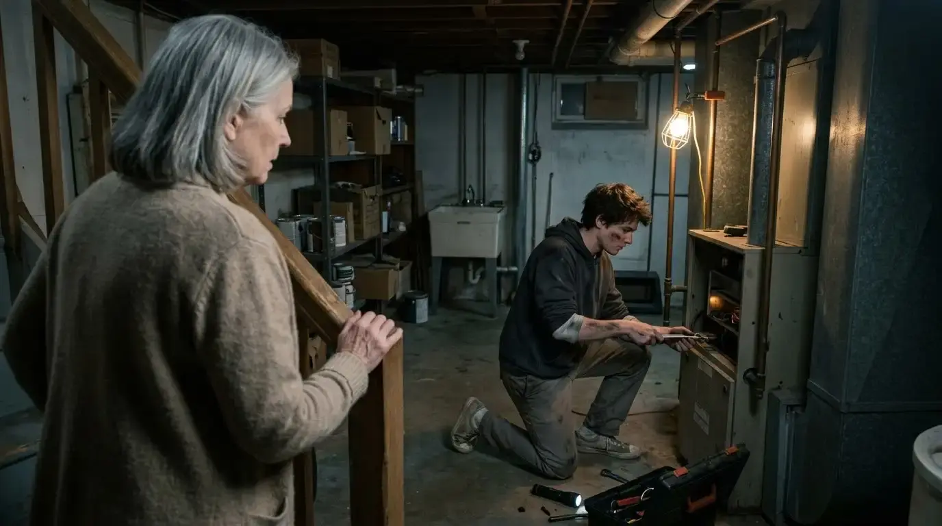 A young man in a worn charcoal hoodie repairs an old basement furnace while an older widow watches from the stairs.