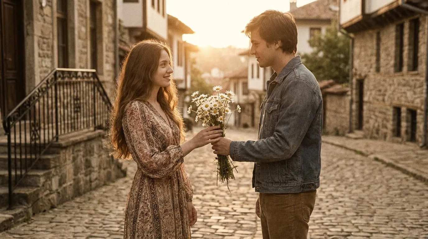 A young couple in the 1970s walking on cobblestone streets, the man handing the woman wild daisies